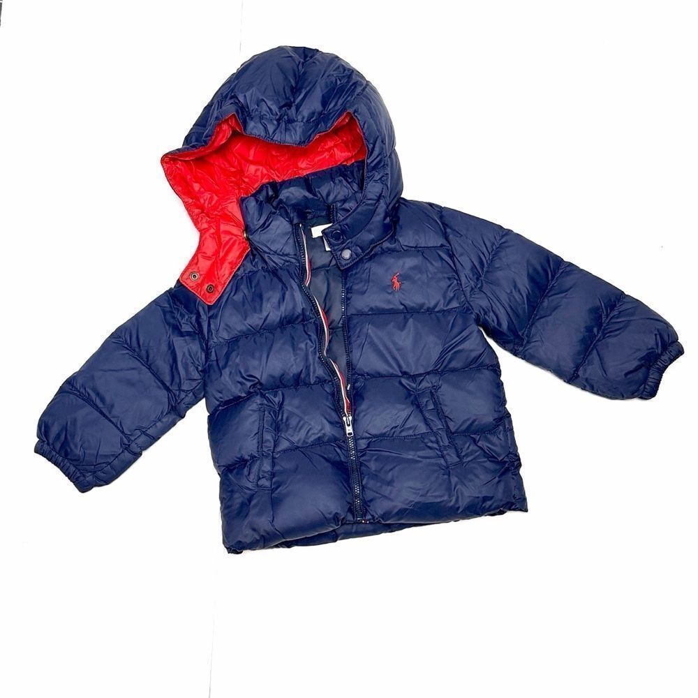 Ralph Lauren Down Puffer Jacket Removable Hood Zip Front Navy Blue Red 24 months